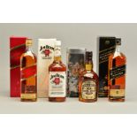 THREE BOTTLES OF BLENDED WHISKY AND ONE BOTTLE OF BOURBON, comprising a bottle of Johnnie Walker