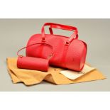 LOUIS VUITTON RED EPI SOUFFLOT HANDBAG WITH MATCHING POUCH, of cylindrical shape with small inner