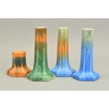 THREE RUSKIN HEXAGONAL CANDLESTICKS, an orange, green and blue example, a blue and green example