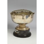A GEORGE V SILVER ROSE BOWL, the castellated rim with cast fan shaped designs on a short pedestal