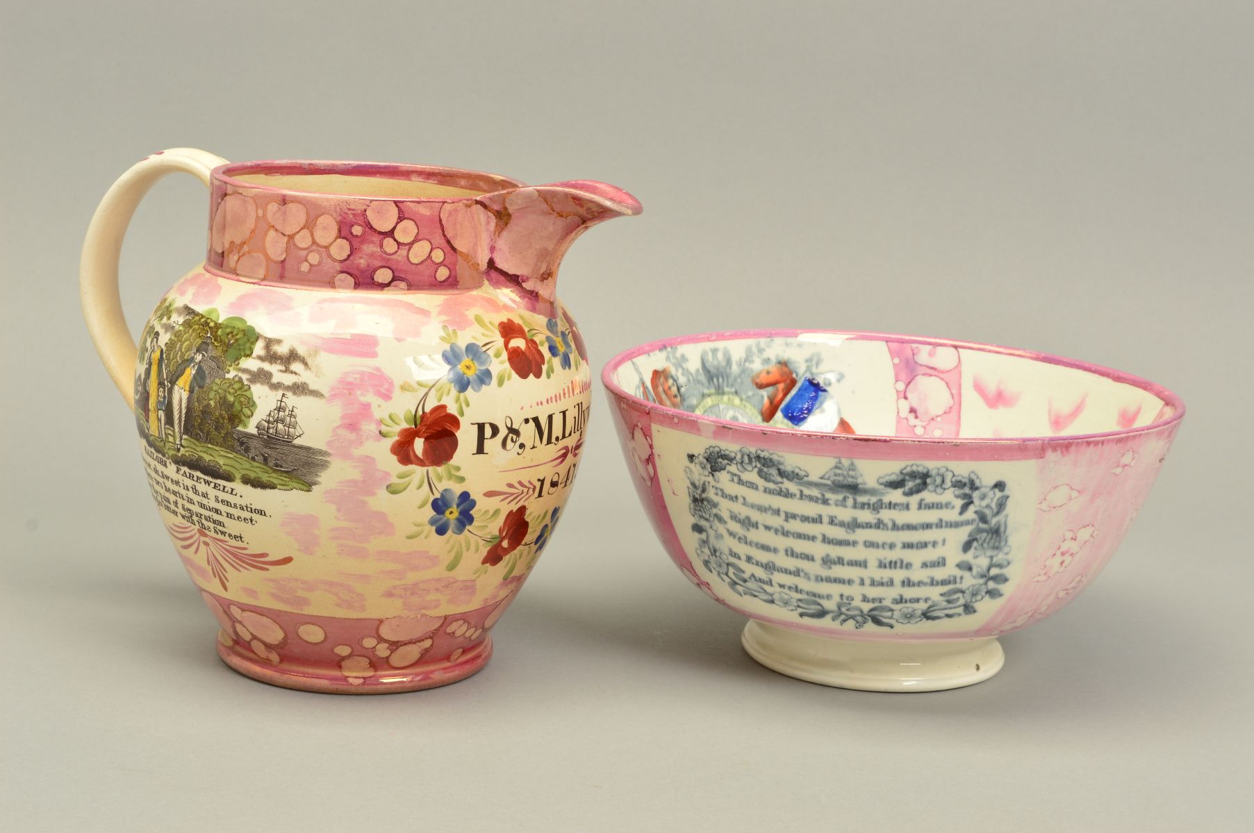 A EARLY VICTORIAN SUNDERLAND PINK LUSTRE JUG, printed and painted with a vignette and verse '