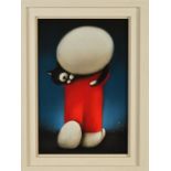 DOUG HYDE (BRITISH CONTEMPORARY), 'Found At Last', a naive study of a boy holding a cat, signed