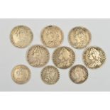 GEORGE II AND GEORGE III SILVER COINS, to include five one shilling coins 1745, a 1758 shilling, all