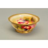 A ROYAL WORCESTER FOOTED BOWL WITH WAVY RIM, hand painted with autumnal fruits, signed by Kitty