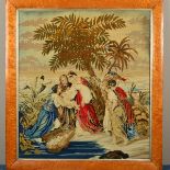 A VICTORIAN TAPESTRY OF THE DISCOVERY OF MOSES IN THE BULLRUSHES, in a birds eye maple frame and