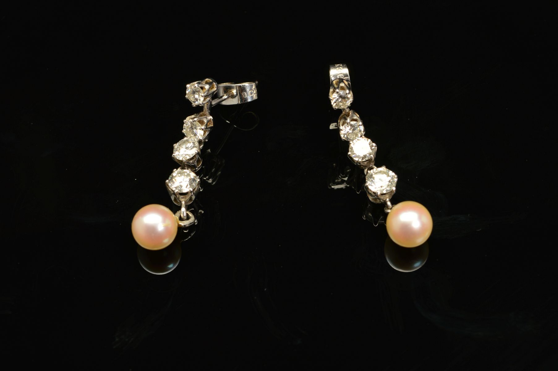 A PAIR OF MODERN DIAMOND AND CULTURED PEARL DROP EARRINGS, measuring approximately 28mm in length,