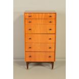 A TALL G PLAN 1960'S TEAK CHEST OF SIX GRADUATING DRAWERS, with bakelite tulip handles, on four