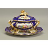 A 20TH CENTURY FRENCH PORCELAIN OVAL TUREEN AND COVER ON STAND, each piece painted in the style of