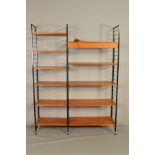 A LADDERAX TEAK MODULAR TWO SECTION WALL SHELVING SYSTEM, comprising of three metal laddered