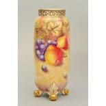 A ROYAL WORCESTER FRUIT STUDY VASE, with reticulated rim, on four scrolled leaf feet, shape No.G.