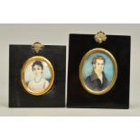 TWO EARLY 19TH CENTURY ENGLISH SCHOOL PORTRAIT MINIATURES, on ivory, comprising a gentleman,