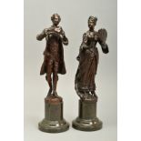 A PAIR OF LATE 19TH CENTURY BRONZE FIGURES OF A LADY AND GENTLEMAN, after Schievelkamp, modelled