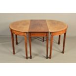 A GEORGE III MAHOGANY AND ROSEWOOD BANDED FIVE SECTION D END DINING TABLE, two leaves, on square