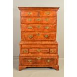 A GEORGE II WALNUT AND INLAID CHEST ON CHEST, the upper section with moulded cornice above two short