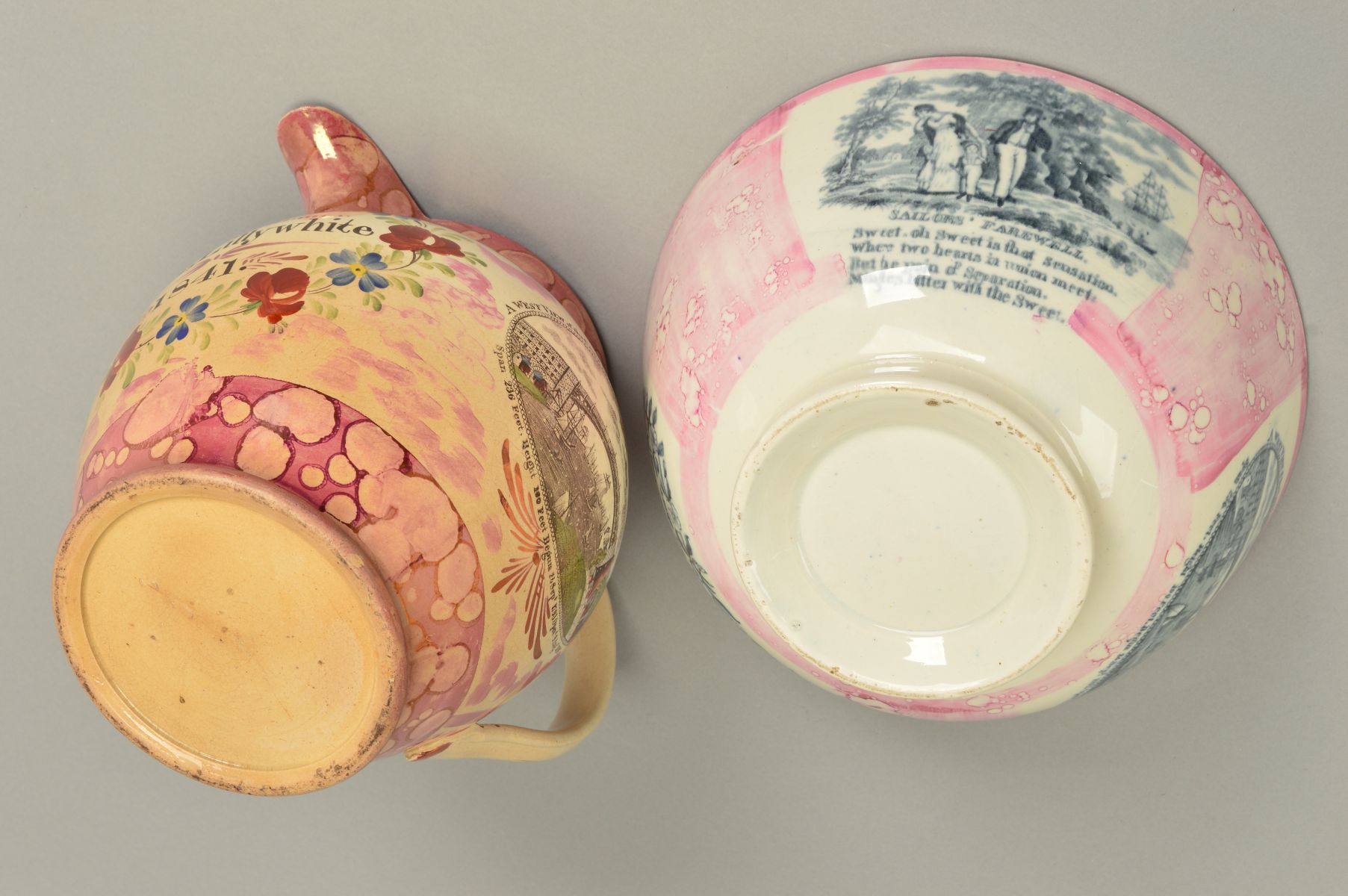 A EARLY VICTORIAN SUNDERLAND PINK LUSTRE JUG, printed and painted with a vignette and verse ' - Image 8 of 8