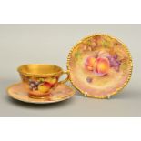 A ROYAL WORCESTER FRUIT STUDY TEA CUP, SAUCER AND TEA PLATE, all three pieces with silver shape gilt