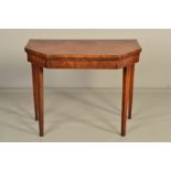 A GEORGE III MAHOGANY AND ROSEWOOD BANDED SHAPED RECTANGULAR FOLD OVER CARD TABLE, baize lined