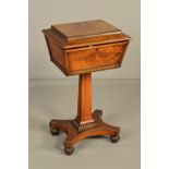 AN EARLY VICTORIAN ROSEWOOD AND STAINED TEAPOY, the sarcophagus top with beaded rim, the pink velvet