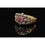 A LATE GEORGIAN TO EARLY VICTORIAN GOLD, RUBY AND DIAMOND RING, centring on a square ruby