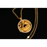 A MAGERIT DIAMOND SET SAGITTARIUS PENDANT AND CHAIN, the circular pendant depicting a centaur with