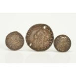 A SMALL HAMMERED GROUP, Charles II class II 3d, holed, and two class II silver pennies GF/VF (3)