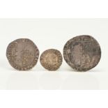 A CHARLES I HAMMERED GROUP, comprising shilling 1625-43, sixpence 1625, groat 1638-42 mm Woolpack,