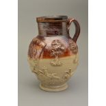 AN EARLY 19TH CENTURY SALTGLAZED STONEWARE JUG WITH PLATED RIM, engraved 'Sacred to Friendship to