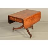 AN EARLY 19TH CENTURY MAHOGANY DROP LEAF RECTANGULAR OCCASIONAL TABLE, fitted with an end drawer and