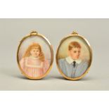 A PAIR OF LATE 19TH/EARLY 20TH CENTURY ENGLISH SCHOOL PORTRAIT MINIATURES, of a boy and girl, on