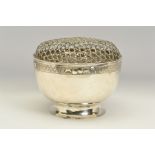 A FIRST HALF 20TH CENTURY CHINESE SILVER ROSE BOWL, of circular form, domed grille over a concave