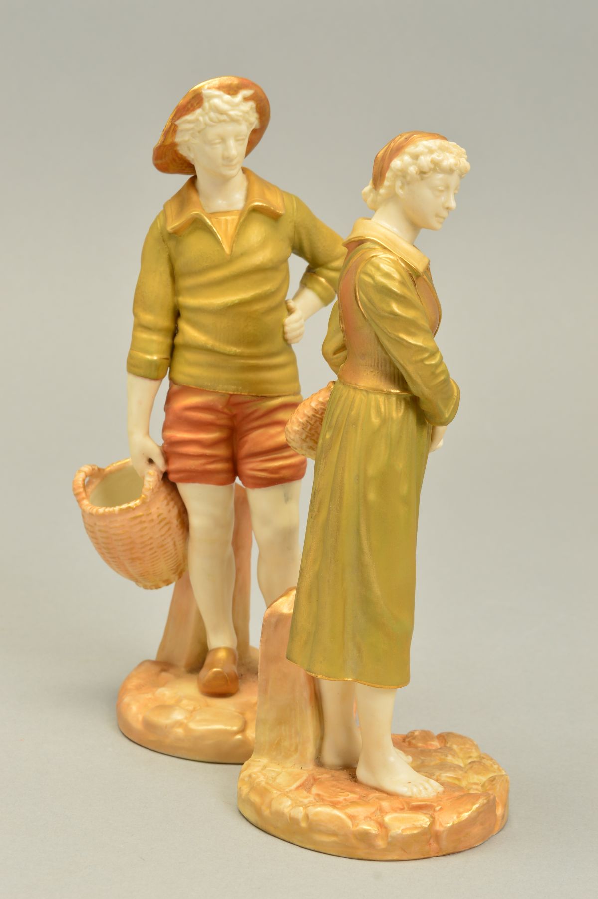 A PAIR OF ROYAL WORCESTER FIGURES OF FRENCH FISHERMAN AND WOMAN, model No.1202 to both, ivory skin - Image 3 of 5