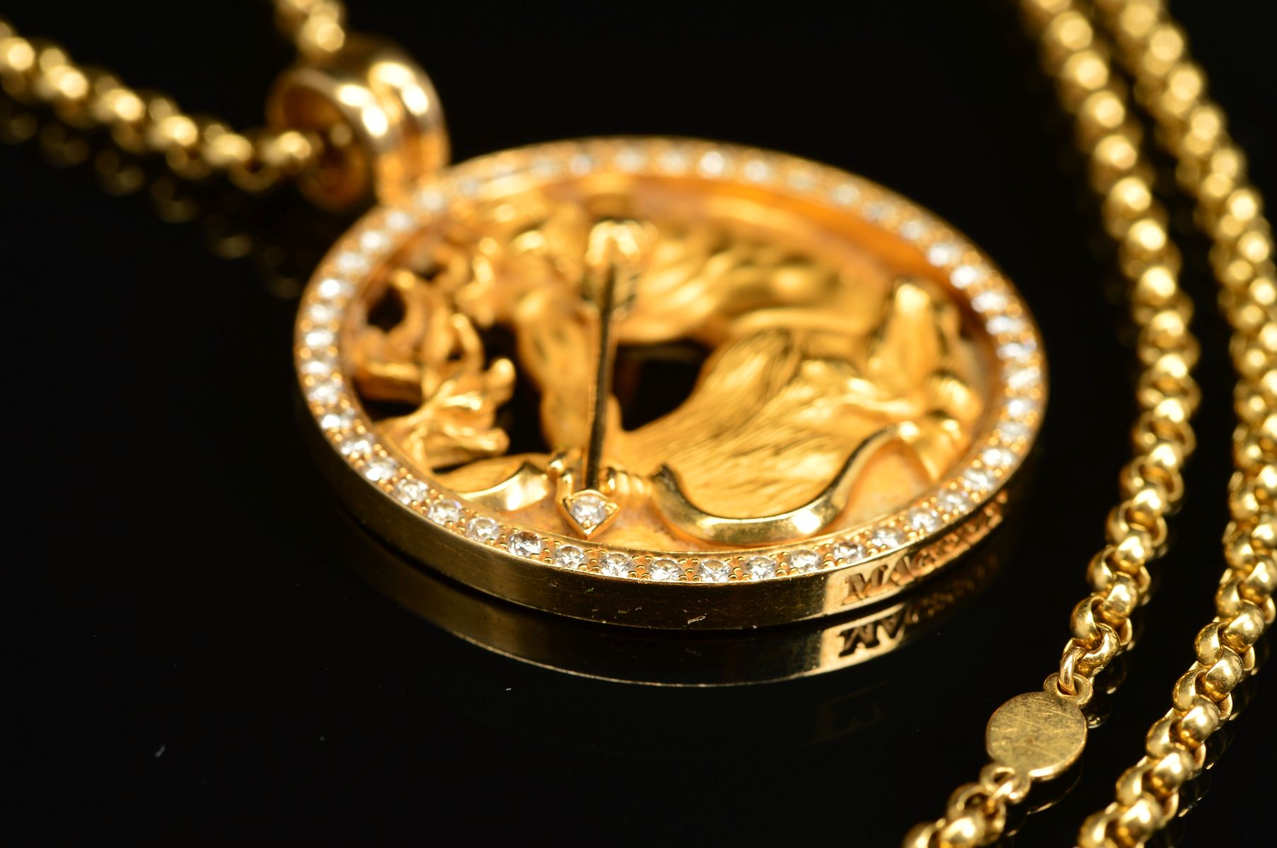 A MAGERIT DIAMOND SET SAGITTARIUS PENDANT AND CHAIN, the circular pendant depicting a centaur with - Image 2 of 6