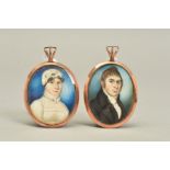 A NEAR PAIR OF EARLY 19TH CENTURY ENGLISH SCHOOL PORTRAIT MINIATURES, on ivory, of a lady in white