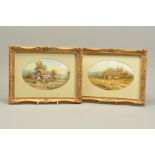 A PAIR OF MILWYN HOLLOWAY HAND PAINTED OVAL PORCELAIN PLAQUES, one with half timbered and thatched