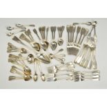 A MATCHED SET OF GEORGE III TO VICTORIAN SILVER FIDDLE AND THREAD PATTERN FLATWARE, most pieces