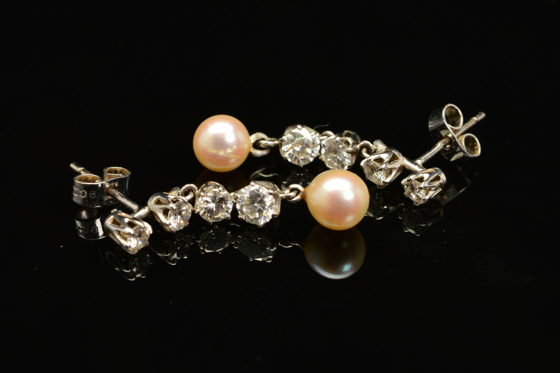 A PAIR OF MODERN DIAMOND AND CULTURED PEARL DROP EARRINGS, measuring approximately 28mm in length, - Image 2 of 4