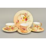 A COLLECTION OF ROYAL WORCESTER BLUSH IVORY CUPS, SAUCERS AND A TEA PLATE, printed and painted