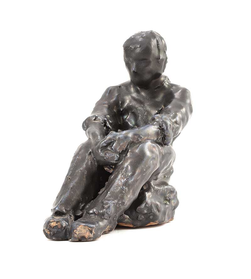 Hilary Bryson - SEATED BOY, CONTEMPLATING - Glazed Terracotta Sculpture - 8 x 6 inches - Unsigned