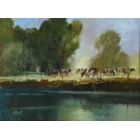 Robert D. Beattie - CATTLE GRAZING BY THE RIVER LAGAN - Oil on Board - 11.5 x 15.5 inches - Signed
