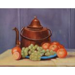 Frank Mutton - STILL LIFE, COPPER KETTLE & FRUIT - Oil on Board - 11 x 14 inches - Signed