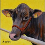 Ronald Keefer - COW ON YELLOW - Oil on Board - 12 x 12 inches - Signed