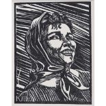 Harry Kernoff, RHA - WOMAN WITH A HEAD SCARF - Black & White Woodcut - 7 x 5 inches - Unsigned