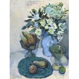 Hilary Bryson - STILL LIFE, GREEN PLATE WITH TWO PEARS & A GREY JUG - Oil on Board - 20 x 16