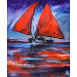 John Stewart - RED SAILS IN THE SUNSET - Oil on Canvas - 12 x 10 inches - Signed in Monogram