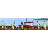 Ronald Keefer - BALLYCASTLE FISHERMEN - Oil on Board - 12 x 48 inches - Signed