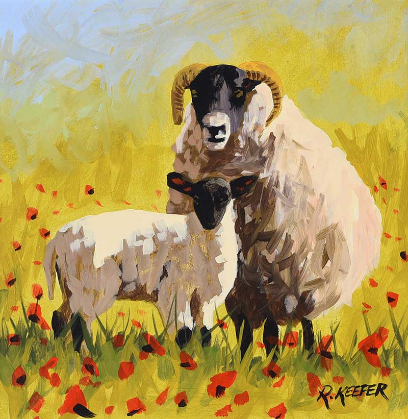 Ronald Keefer - RAM, LAMB & POPPIES - Oil on Board - 12 x 12 inches - Signed