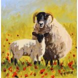 Ronald Keefer - RAM, LAMB & POPPIES - Oil on Board - 12 x 12 inches - Signed