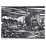 Harry Kernoff, RHA - CARAVANS, DUBLIN - Black & White Woodcut - 5 x 7 inches - Unsigned