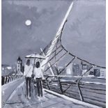 Sean Lorinyenko - MOONLIGHT OVER THE PEACE BRIDGE, DERRY - Acrylic on Canvas - 8 x 8 inches -