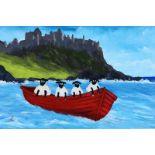 Andy Pat - ANDY PAT'S WANDERING SHEEP ADRIFT AT DUNLUCE CASTLE - Oil on Board - 9 x 14 inches -